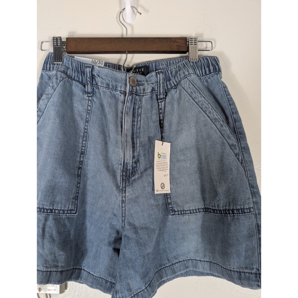 Curve Appeal Womens Size 10 High Rise Elastic Waist DenimPocket Shorts Blue